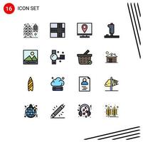 Pack of 16 Modern Flat Color Filled Lines Signs and Symbols for Web Print Media such as camcorder media information gallery game Editable Creative Vector Design Elements