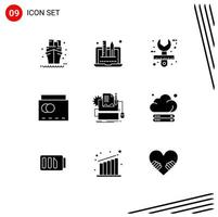 Solid Glyph Pack of 9 Universal Symbols of type writer handbag architect bag tool Editable Vector Design Elements