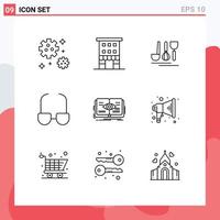 Group of 9 Outlines Signs and Symbols for eye knowledge cutlery view glasses Editable Vector Design Elements