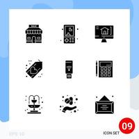 Group of 9 Modern Solid Glyphs Set for usb heart play friday black Editable Vector Design Elements