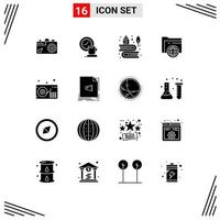 Modern Set of 16 Solid Glyphs Pictograph of globe storage event folder history Editable Vector Design Elements