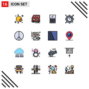 16 User Interface Flat Color Filled Line Pack of modern Signs and Symbols of time clock vehicle setting laptop Editable Creative Vector Design Elements