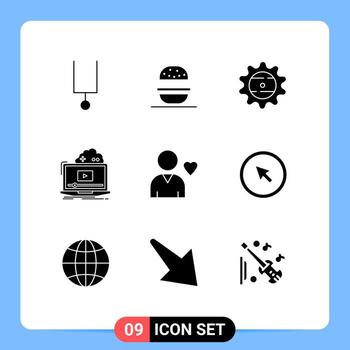 paquete de interfaz de usuario de 9 glifos sólidos básicos de elementos de diseño de vector editables de juego de transmisión de tapa de video amigo