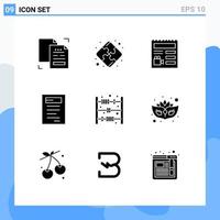 Group of 9 Modern Solid Glyphs Set for count abacus toy document study book Editable Vector Design Elements