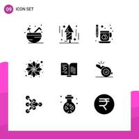 Solid Glyph Pack of 9 Universal Symbols of book rangoli coffee pattern print Editable Vector Design Elements