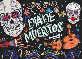cartel del día de los muertos, calavera de azúcar mexicana con instrumento vector
