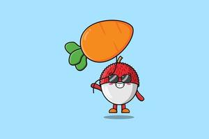 Cute cartoon Lychee floating with carrot balloon vector