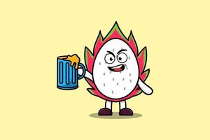 Cute Dragon fruit cartoon mascot with beer glass vector