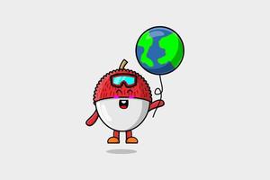 Cute cartoon Lychee floating with earth balloon vector