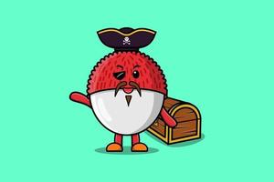 Pirata de lichi de dibujos animados lindo con caja del tesoro vector