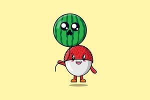 Cute cartoon Lychee float with watermelon balloon vector