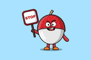 Cute Cartoon mascot Lychee with stop sign board vector