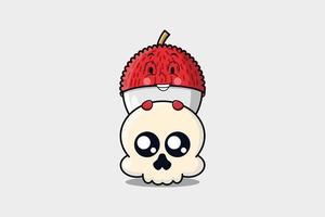 Cute Lychee cartoon character hiding in skull vector