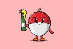 Cute cartoon Lychee character with soda bottle vector