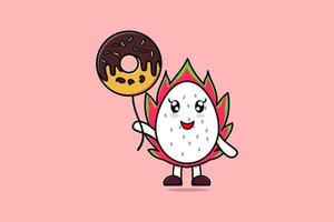 Cute cartoon Dragon fruit floating with donuts vector