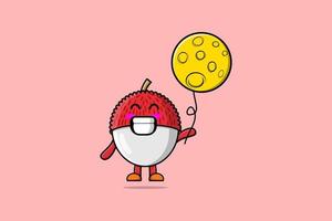 Cute cartoon Lychee floating with moon balloon vector