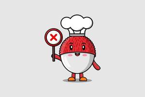 cute cartoon Lychee chef holding wrong sign board vector