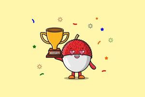 Cute Cartoon Lychee holding up the golden trophy vector