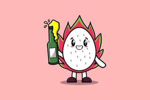 personaje de dibujos animados fruta del dragón con botella de refresco vector