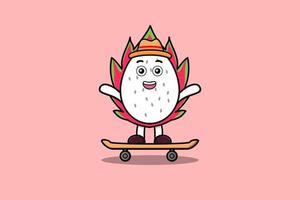 cute cartoon Dragon fruit standing on skateboard vector