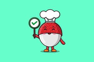 Cute cartoon Lychee chef hold correct sign board vector