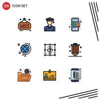 Mobile Interface Filledline Flat Color Set of 9 Pictograms of view process mall creative geography Editable Vector Design Elements