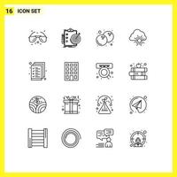 Pack of 16 Modern Outlines Signs and Symbols for Web Print Media such as document sun achievement spring cloud Editable Vector Design Elements