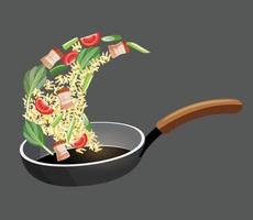 fried rice with crispy pork and vegetables in a pan vector illustration