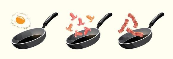 set of breakfast fried in frying pan vector illustration