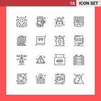 Set of 16 Commercial Outlines pack for globe web lock internet laptop Editable Vector Design Elements