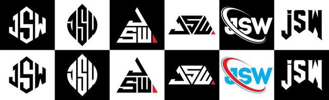 JSW letter logo design in six style. JSW polygon, circle, triangle, hexagon, flat and simple style with black and white color variation letter logo set in one artboard. JSW minimalist and classic logo vector