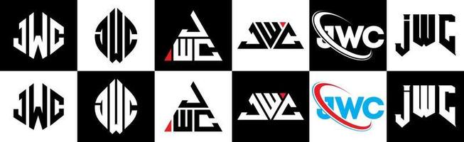 JWC letter logo design in six style. JWC polygon, circle, triangle, hexagon, flat and simple style with black and white color variation letter logo set in one artboard. JWC minimalist and classic logo vector