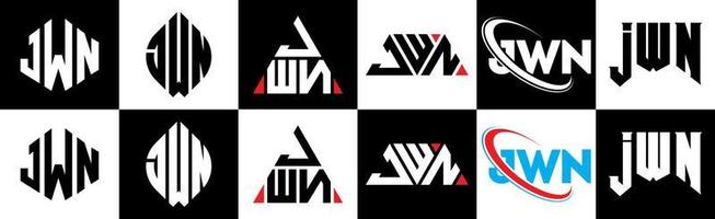 diseño de logotipo de letra jwn en seis estilos. jwn polígono, círculo, triángulo, hexágono, estilo plano y simple con logotipo de letra de variación de color blanco y negro en una mesa de trabajo. jwn logo minimalista y clásico vector