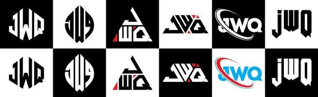 Diseño de logotipo de letra jwq en seis estilos. jwq polígono, círculo, triángulo, hexágono, estilo plano y simple con logotipo de letra de variación de color blanco y negro en una mesa de trabajo. jwq logotipo minimalista y clásico vector