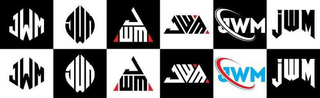 diseño de logotipo de letra jwm en seis estilos. jwm polígono, círculo, triángulo, hexágono, estilo plano y simple con logotipo de letra de variación de color blanco y negro en una mesa de trabajo. logotipo minimalista y clásico de jwm vector