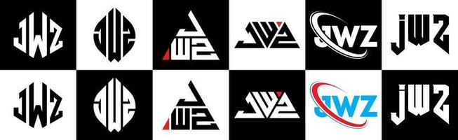 JWZ letter logo design in six style. JWZ polygon, circle, triangle, hexagon, flat and simple style with black and white color variation letter logo set in one artboard. JWZ minimalist and classic logo vector