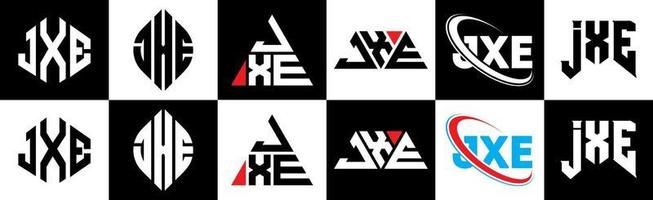JXE letter logo design in six style. JXE polygon, circle, triangle, hexagon, flat and simple style with black and white color variation letter logo set in one artboard. JXE minimalist and classic logo vector