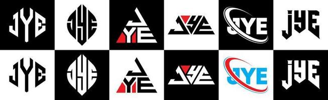 JYE letter logo design in six style. JYE polygon, circle, triangle, hexagon, flat and simple style with black and white color variation letter logo set in one artboard. JYE minimalist and classic logo vector