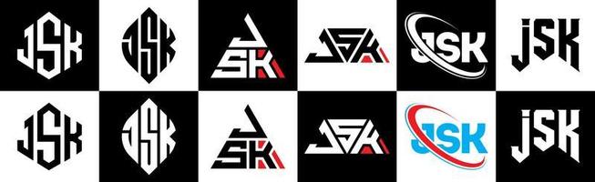 diseño de logotipo de letra jsk en seis estilos. jsk polígono, círculo, triángulo, hexágono, estilo plano y simple con logotipo de letra de variación de color blanco y negro en una mesa de trabajo. jsk logotipo minimalista y clásico vector