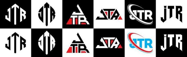 diseño de logotipo de letra jtr en seis estilos. jtr polígono, círculo, triángulo, hexágono, estilo plano y simple con logotipo de letra de variación de color blanco y negro en una mesa de trabajo. logotipo minimalista y clásico de jtr vector