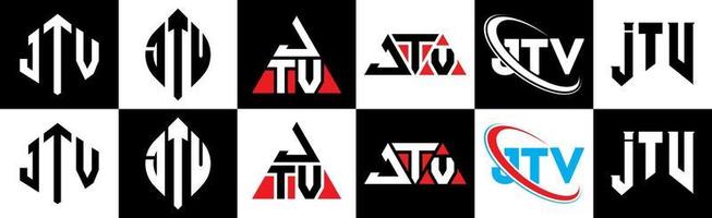 diseño de logotipo de letra jtv en seis estilos. jtv polígono, círculo, triángulo, hexágono, estilo plano y simple con logotipo de letra de variación de color blanco y negro en una mesa de trabajo. logotipo minimalista y clásico de jtv vector