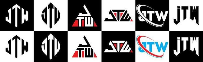 Diseño de logotipo de letra jtw en seis estilos. jtw polígono, círculo, triángulo, hexágono, estilo plano y simple con logotipo de letra de variación de color blanco y negro en una mesa de trabajo. logotipo minimalista y clásico de jtw vector