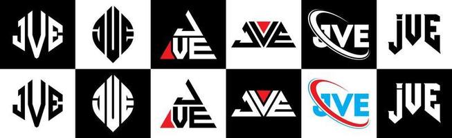 JVE letter logo design in six style. JVE polygon, circle, triangle, hexagon, flat and simple style with black and white color variation letter logo set in one artboard. JVE minimalist and classic logo vector