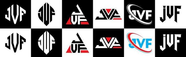 Diseño de logotipo de letra jvf en seis estilos. jvf polígono, círculo, triángulo, hexágono, estilo plano y simple con logotipo de letra de variación de color blanco y negro en una mesa de trabajo. logotipo minimalista y clásico de jvf vector