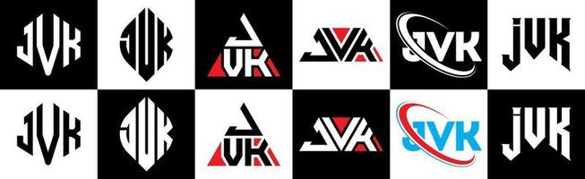 Diseño de logotipo de letra jvk en seis estilos. jvk polígono, círculo, triángulo, hexágono, estilo plano y simple con logotipo de letra de variación de color blanco y negro en una mesa de trabajo. logotipo minimalista y clásico de jvk vector