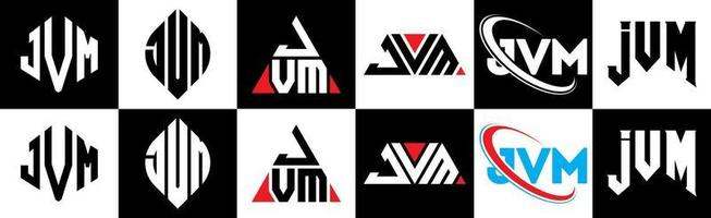 JVM letter logo design in six style. JVM polygon, circle, triangle, hexagon, flat and simple style with black and white color variation letter logo set in one artboard. JVM minimalist and classic logo vector