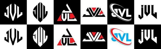 Diseño de logotipo de letra jvl en seis estilos. jvl polígono, círculo, triángulo, hexágono, estilo plano y simple con logotipo de letra de variación de color blanco y negro en una mesa de trabajo. jvl logotipo minimalista y clásico vector