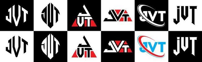 JVT letter logo design in six style. JVT polygon, circle, triangle, hexagon, flat and simple style with black and white color variation letter logo set in one artboard. JVT minimalist and classic logo vector