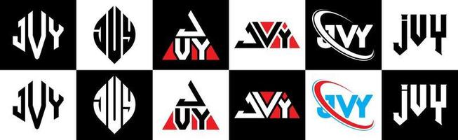 JVY letter logo design in six style. JVY polygon, circle, triangle, hexagon, flat and simple style with black and white color variation letter logo set in one artboard. JVY minimalist and classic logo vector