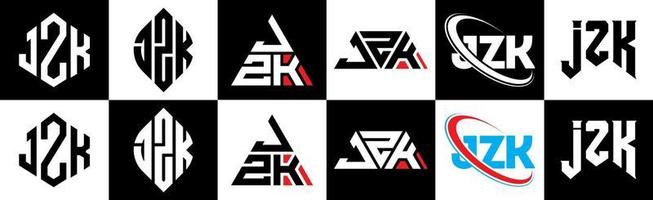 Diseño de logotipo de letra jzk en seis estilos. jzk polígono, círculo, triángulo, hexágono, estilo plano y simple con logotipo de letra de variación de color blanco y negro en una mesa de trabajo. jzk logotipo minimalista y clásico vector